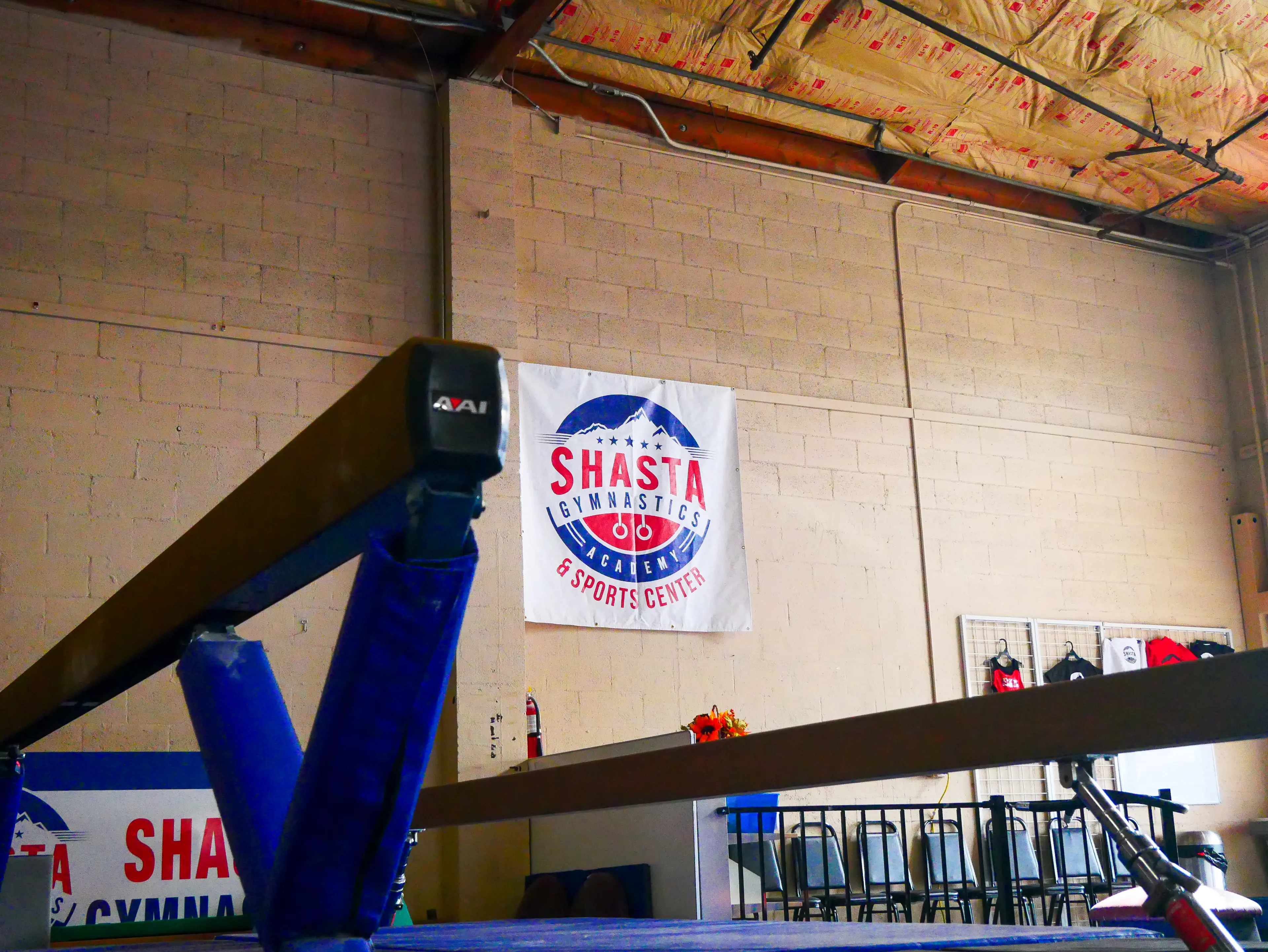 Balance beams with the Shasta Gymnastics logo